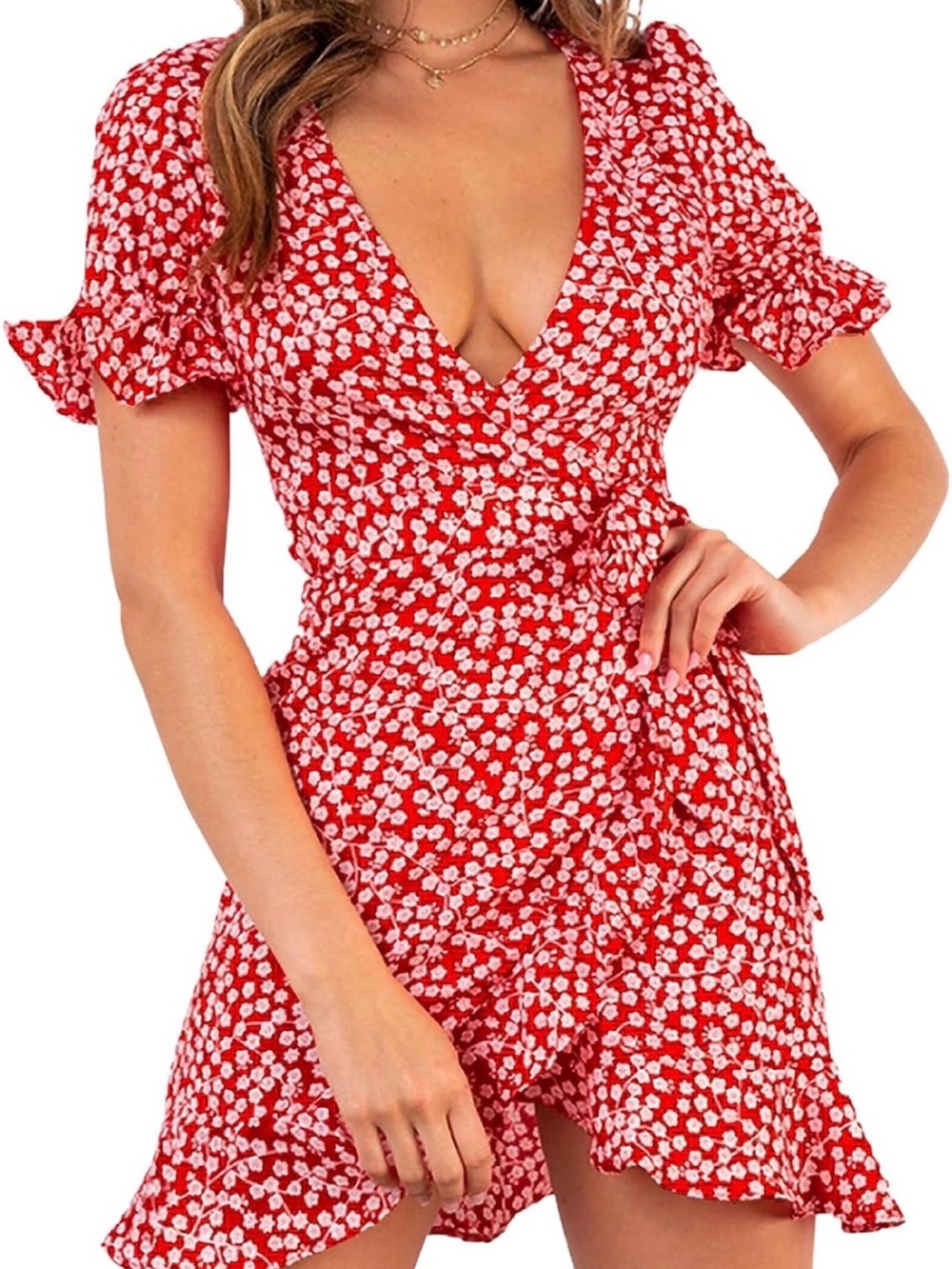 Women's Red Floral Wrap Dress with Tie-Waist and Ruffle Hem